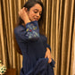 Prussian Blue Floral Appliqué Mul Chanderi Kurta Set