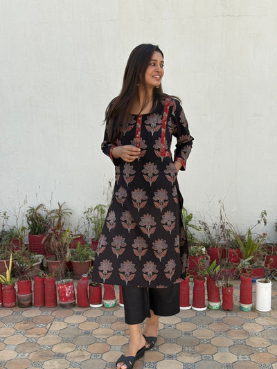 Shakti Ajrakh Hand Block Printed Cotton Kurta | Red | Kantha India