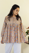 Brick Cotton Hand Block Printed Top -Beige