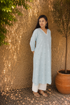 Sky Blue Handloom Cotton Kurta Pant Set | Woven Co-ord | Kantha India