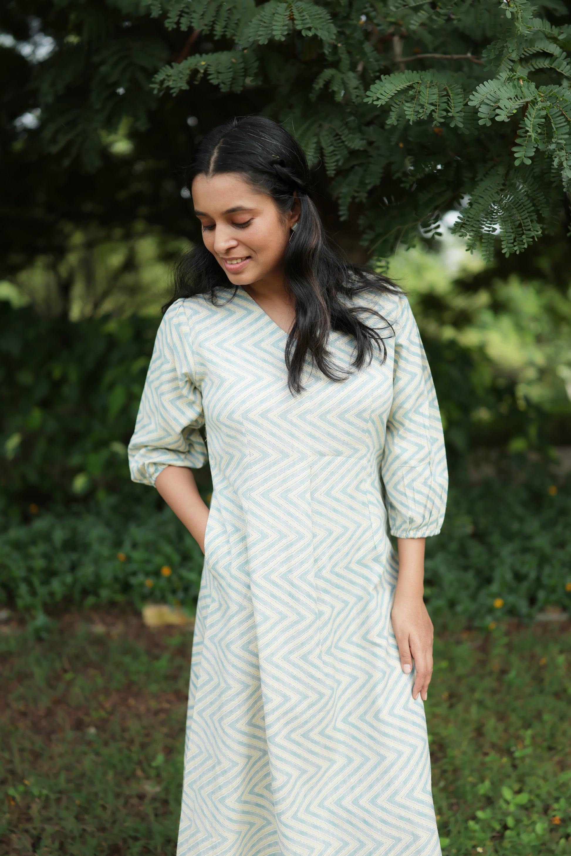 Olivia Hand Block Printed Cotton Midi Dress Floral – Kantha India – KANTHAINDIA