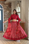 Red handblock printed cotton lehenga