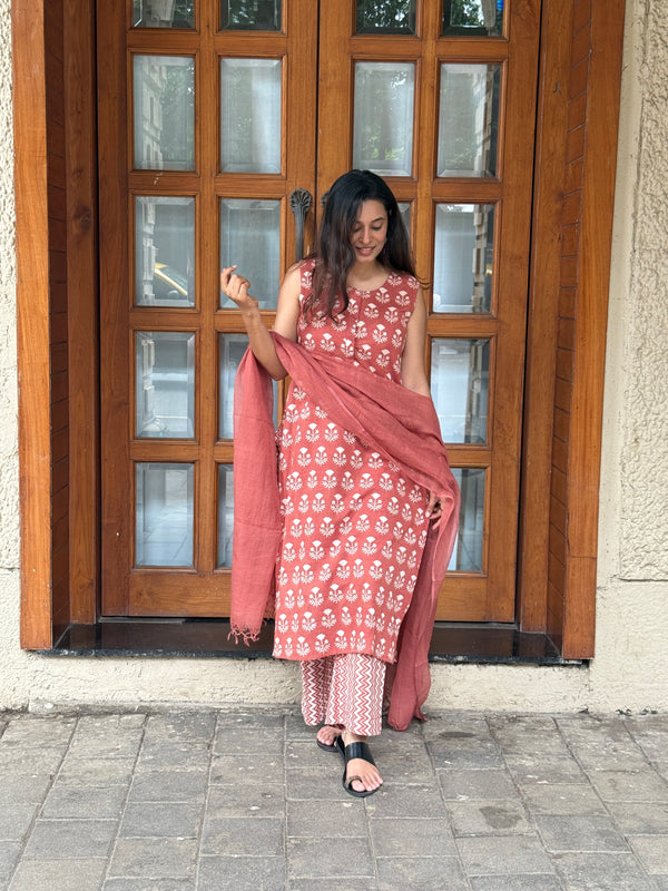 Tapas Hand Block Print Cotton Kurta Dupatta Set