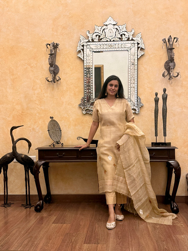 Ananta Beige Jamdani Linen Silk Dupatta Suit Set pre-order | KanthaIndia