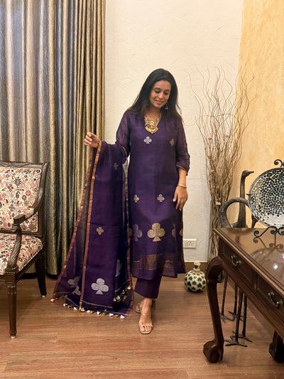 Aroha Purple Jamdani Pan Patta Dupatta Suit Set | KanthaIndia