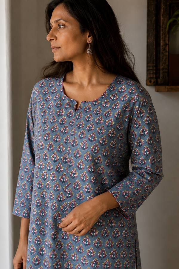 Santosha Hand Block Printed Cotton Short Kurta | Blue Motif | Kantha India