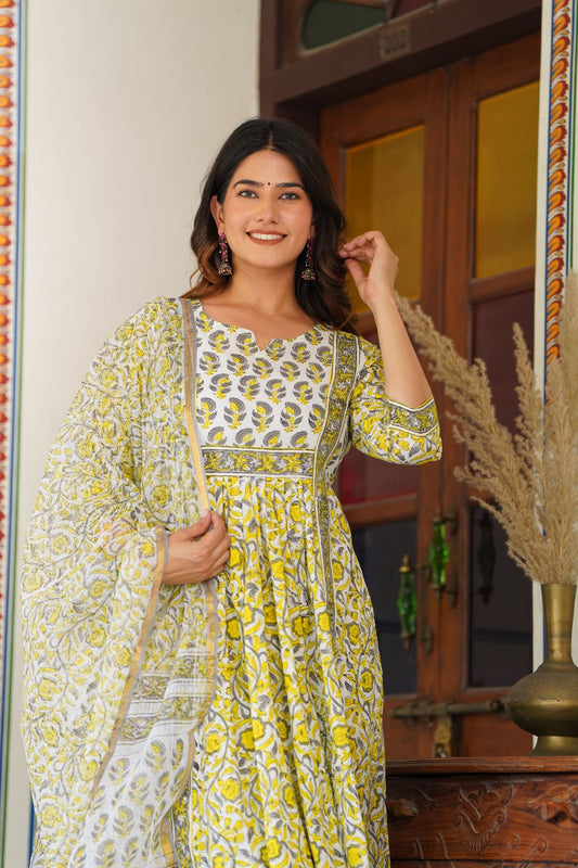 Yellow Anarkali suit with kota dupatta