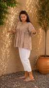 Beige Hand Block Printed Cotton Short Top