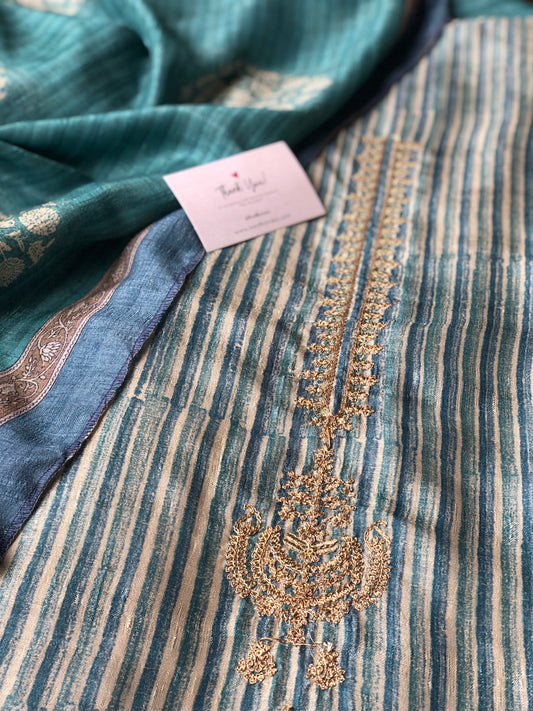 Muslin Silk Stripe Embroidered Suit Set with Mughal dupatta