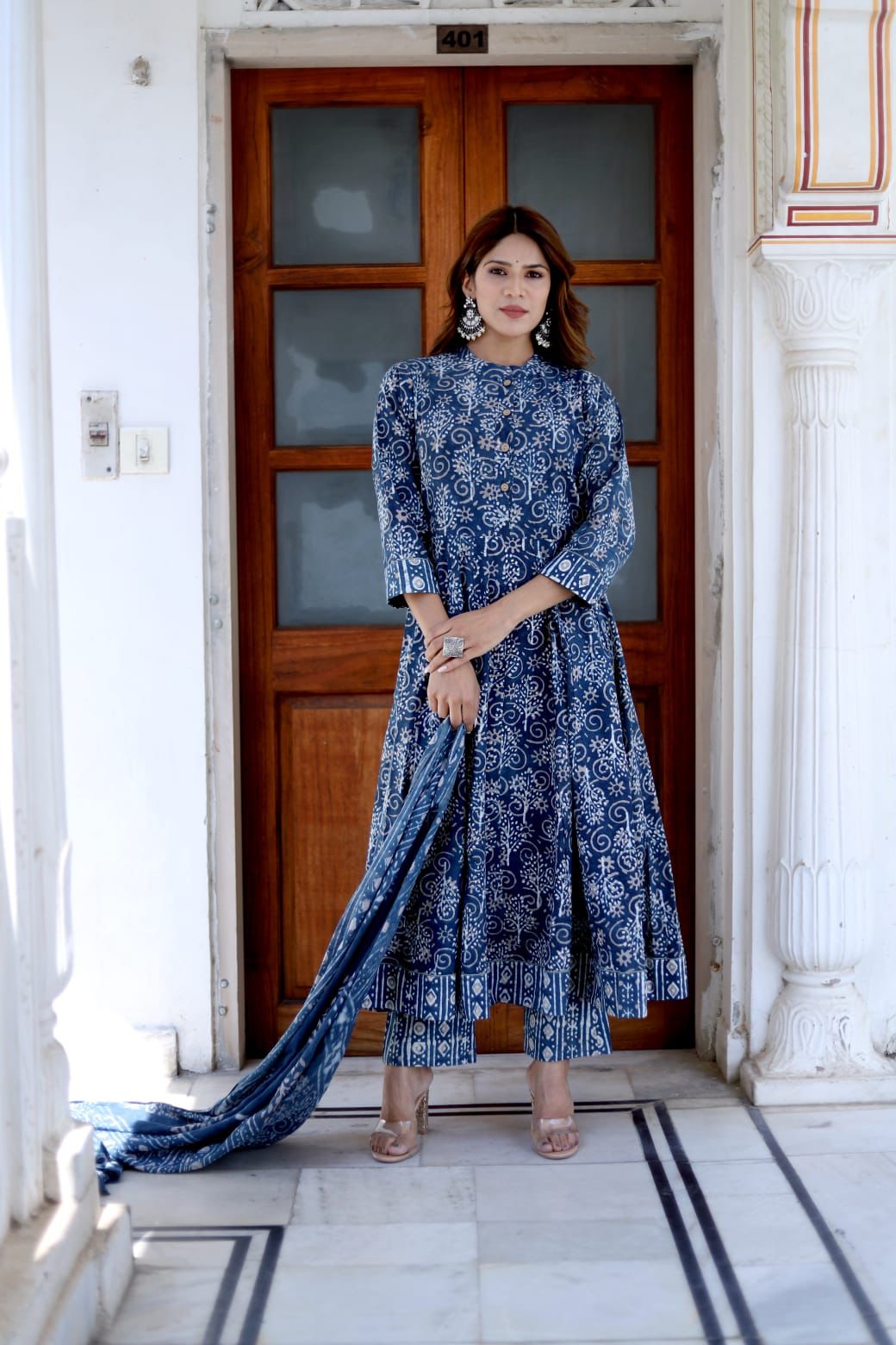 Blue Anarkali suit with dupatta
