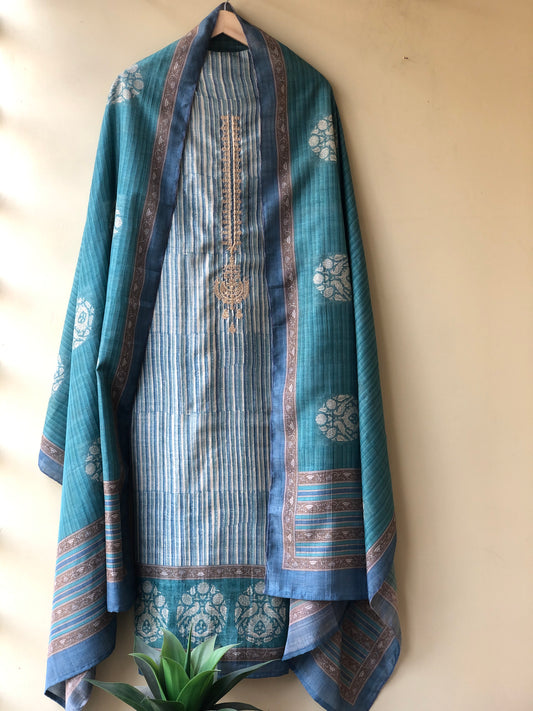 Muslin Silk Stripe Embroidered Suit Set with Mughal dupatta