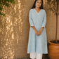 Sky Blue Handloom Cotton Kurta Pant Set | Woven Co-ord | Kantha India