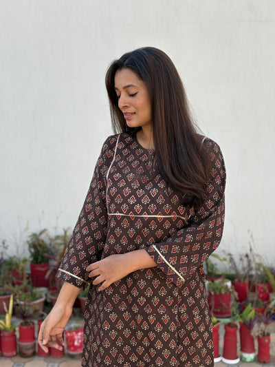 Prithvi Ajrakh Hand Block Printed Cotton Kurta | Earthy Brown | Kantha India