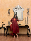 Shanti Red Jamdani Linen Dupatta Suit Set | KanthaIndia