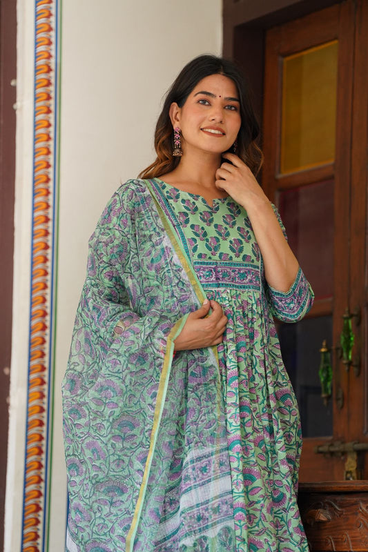 Green Anarkali suit with kota dupatta