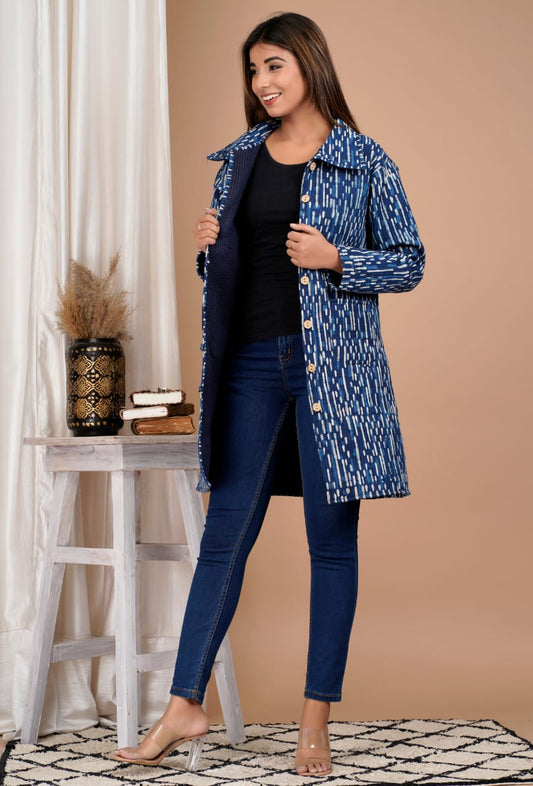 Blue Hand Block Printed Cotton Quilted Jacket