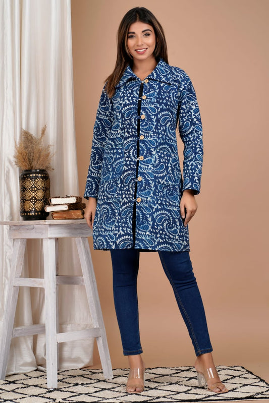 Blue Hand Block Printed Cotton Quilted Jacket