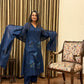 Prussian Blue Floral Appliqué Mul Chanderi Kurta Set