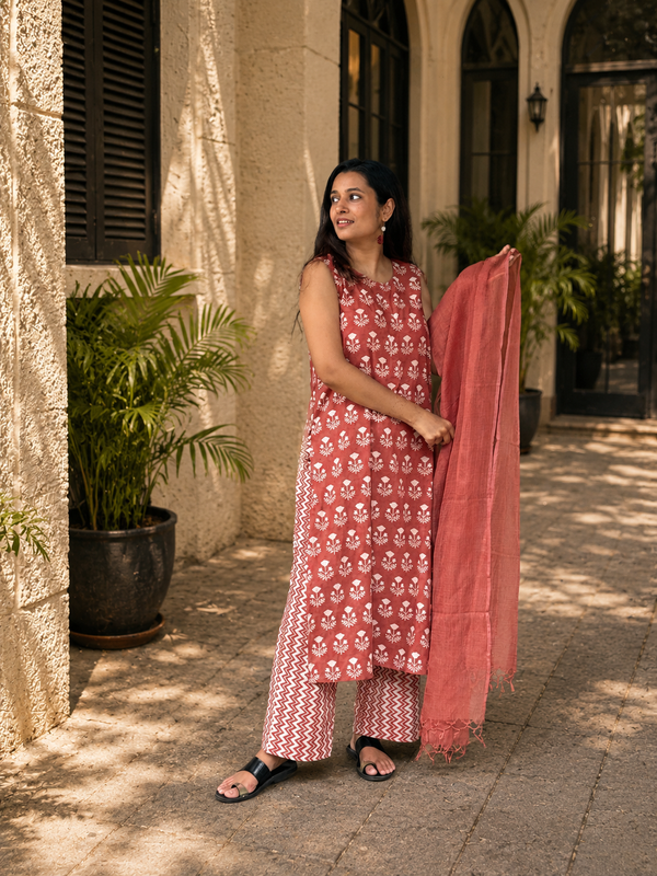Tapas Hand Block Print Cotton Kurta Dupatta Set