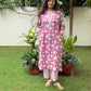 Gulnar Hand Block Printed Cotton Kurti Pant Set | Fuchsia Floral | Kantha India