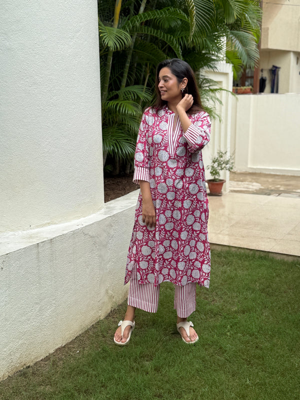 Gulnar Hand Block Printed Cotton Kurti Pant Set | Fuchsia Floral | Kantha India