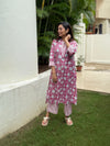 Gulnar Hand Block Printed Cotton Kurti Pant Set | Fuchsia Floral | Kantha India