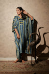 Ajrakh Modal Free-size Blue-Yellow V-Neck Kaftan
