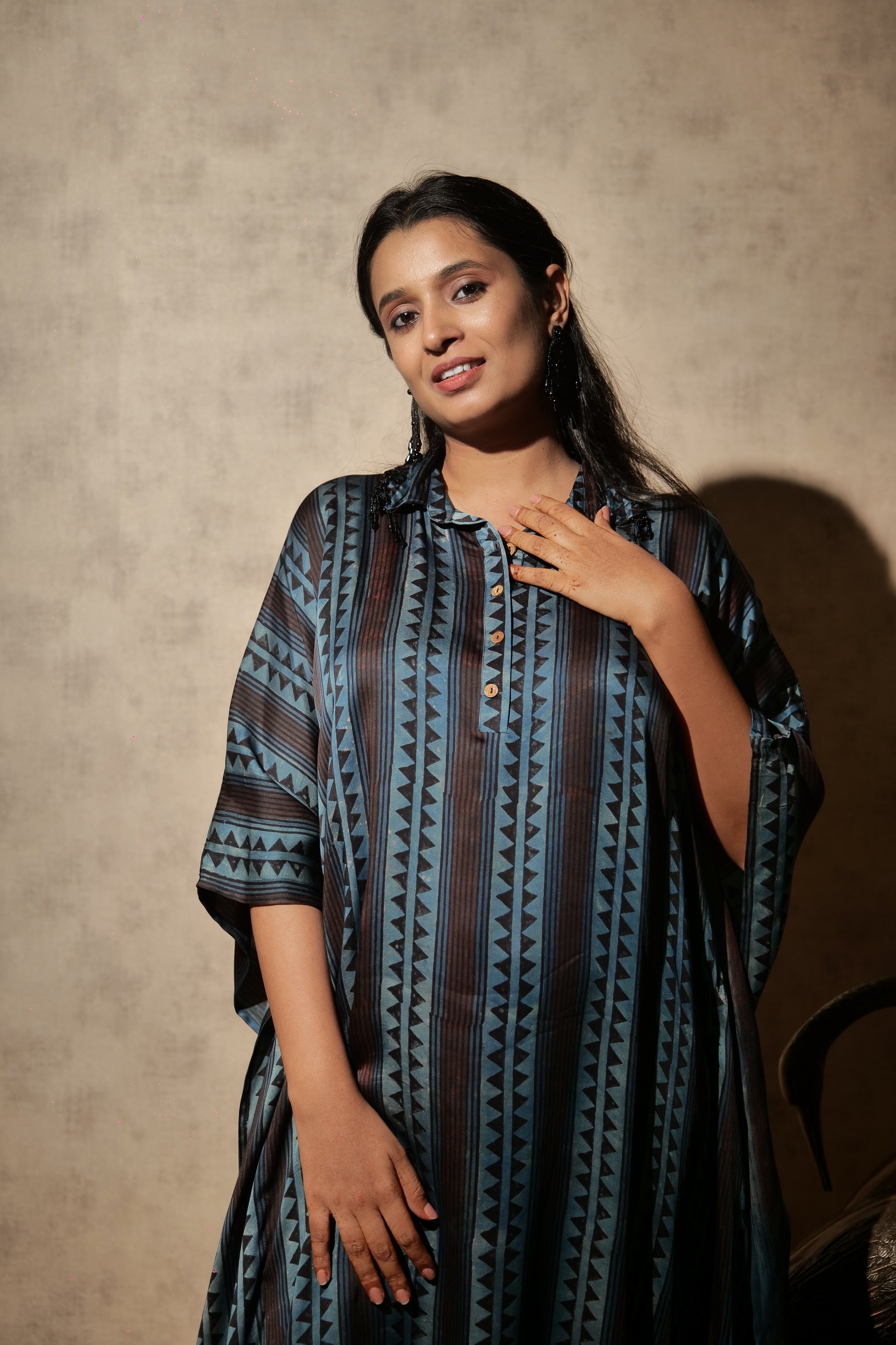 modal silk kaftan dress Modal Silk Ajrakh Kaftan with Zari Dori and Sequins Embroidery LabelPriyankaJha