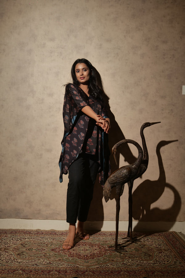Black Ajrakh Hand Block Printed Modal Kaftan | Free Size | Kantha India