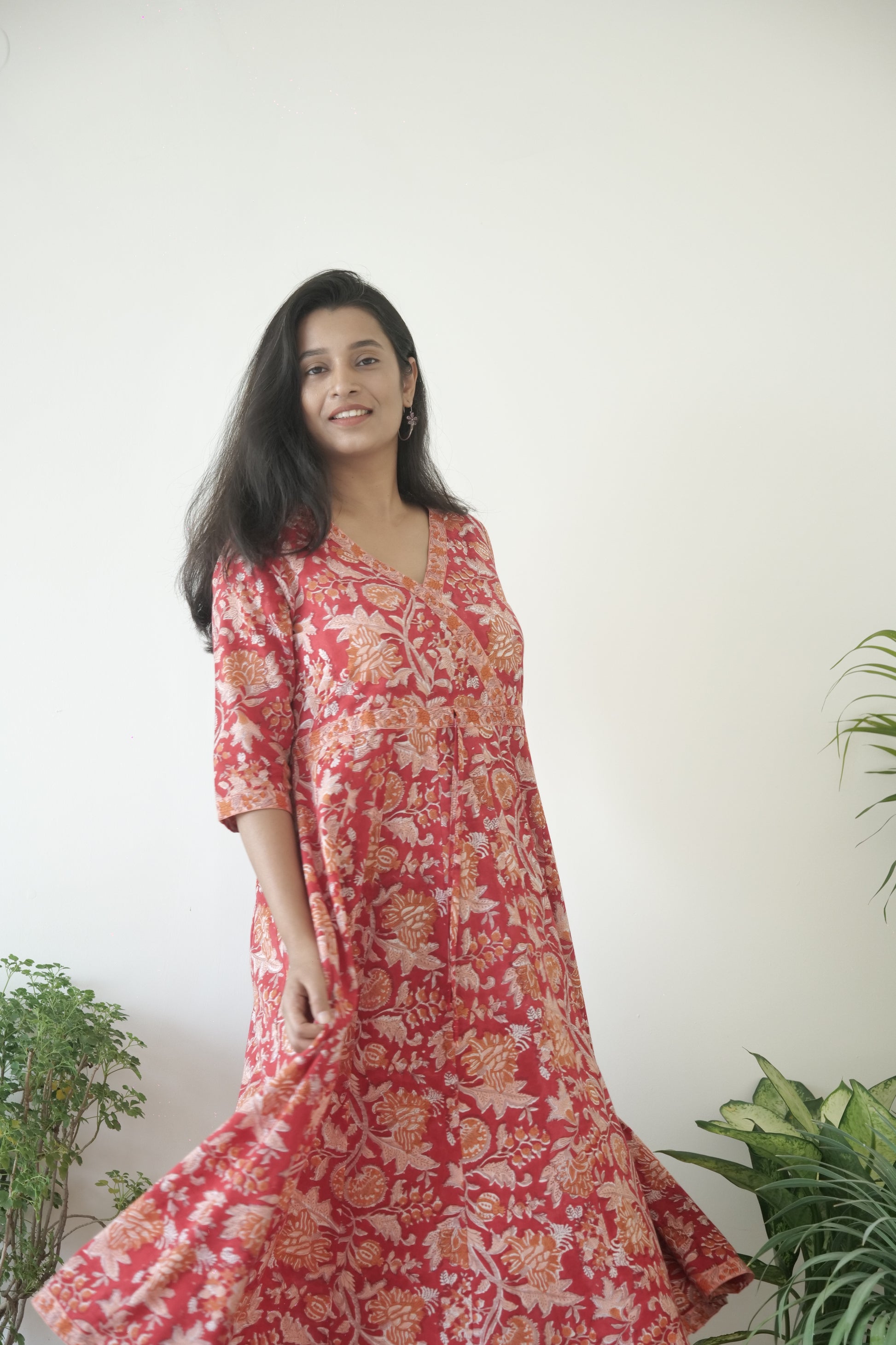 cotton hand block print dress Jua Light Blue Floral Cotton Hand Block Print Dress by Wild Rose