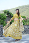 yellow handblock printed cotton lehenga