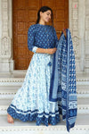 Blue & white handblock printed cotton lehenga