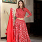 Red  handblock printed cotton lehenga