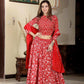 Red  handblock printed cotton lehenga