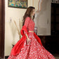 Red  handblock printed cotton lehenga