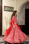 Red  handblock printed cotton lehenga