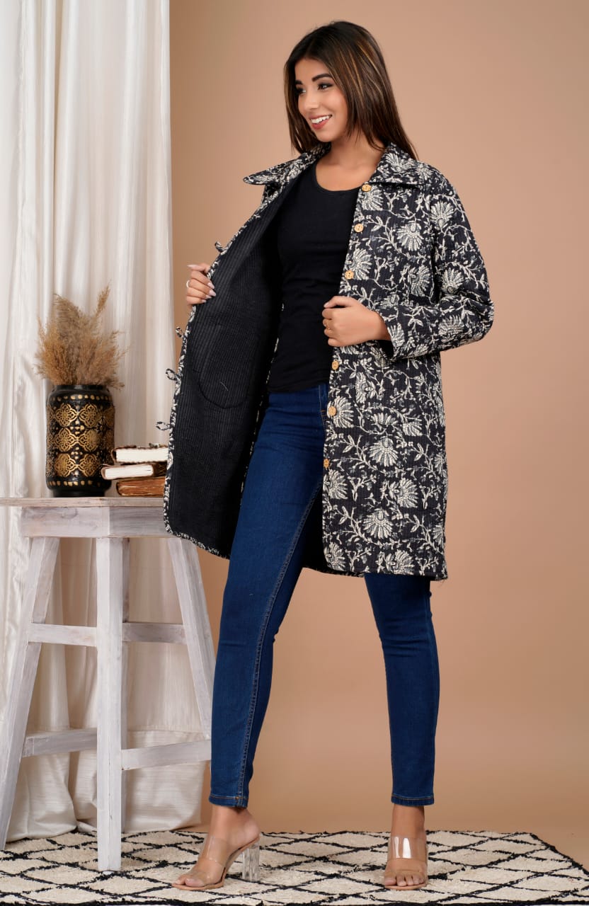 Black Floral Block Printed Quilted Cotton Jacket