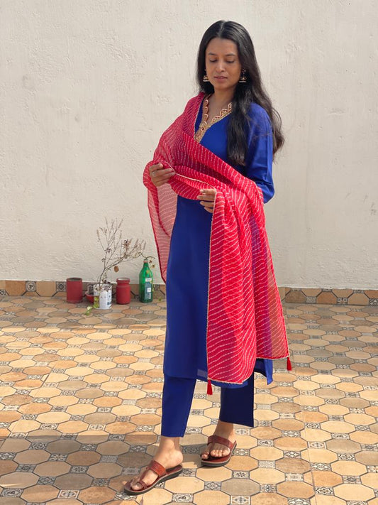 Rambha Silk suit set with Pink leheriya dupatta