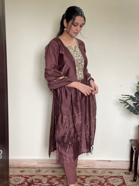 Plus size Chanderi suit set with hand embroidery