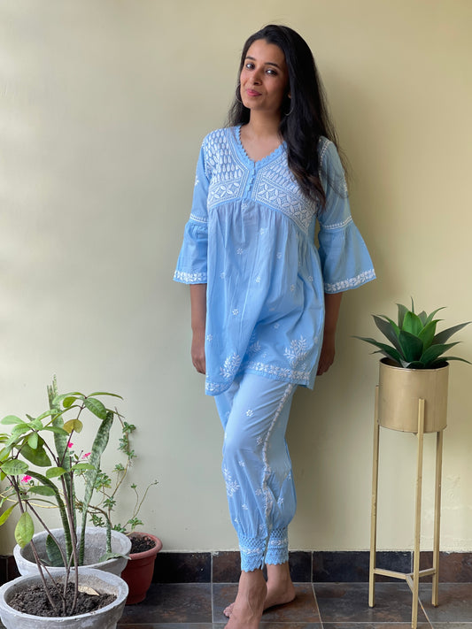 Nasira blue chikankari top with afghani pant Set