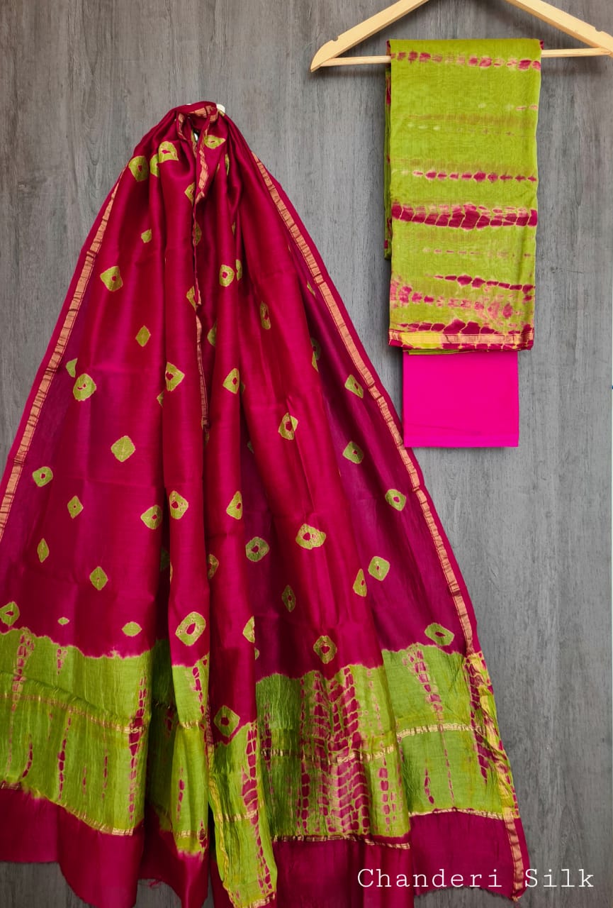 Rani pink Green chanderi silk set - IndiaKantha