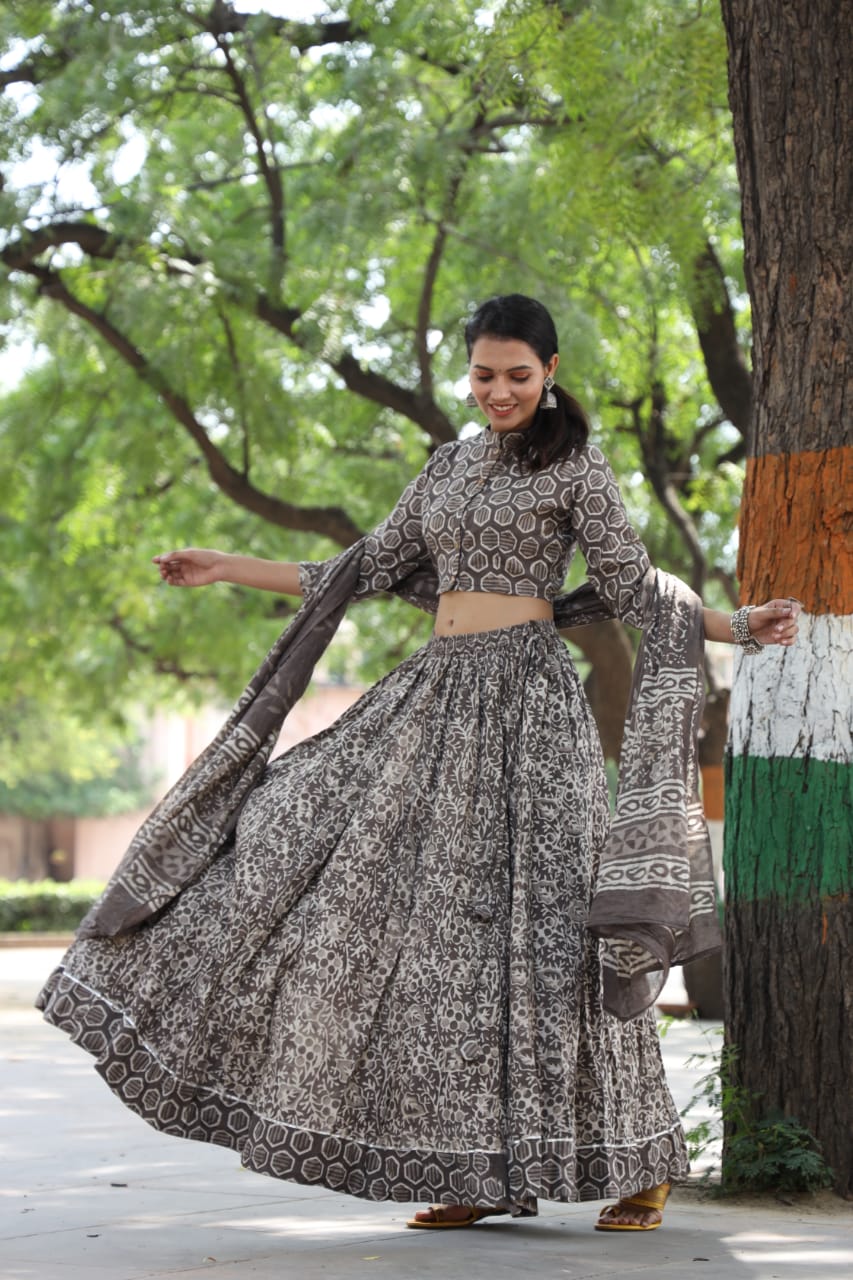 Gazal bagru handblock printed cotton lehenga Kantha India