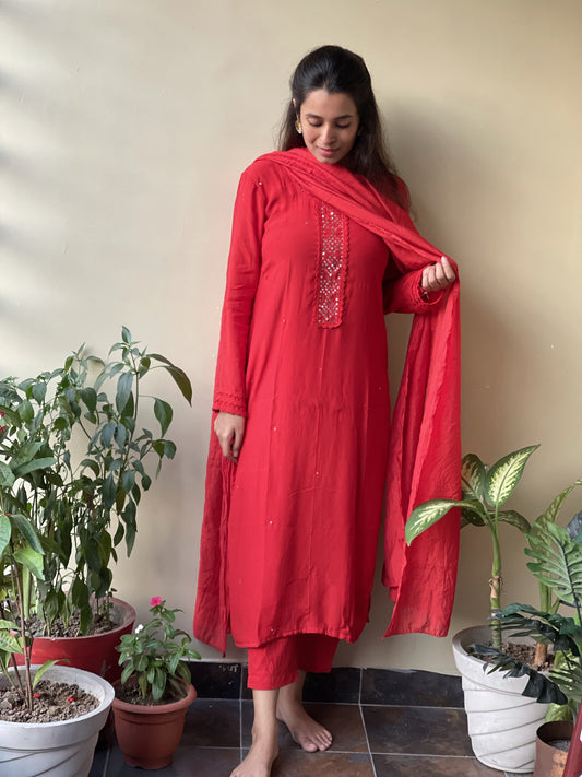 Plus size Red Badla & lace detailed Cotton suit set