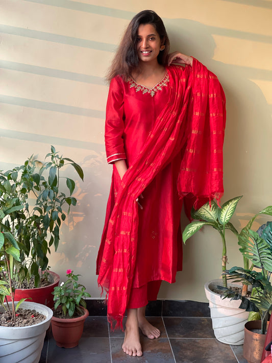 Plus size Handcrafted Gota patti red Chanderi suit set