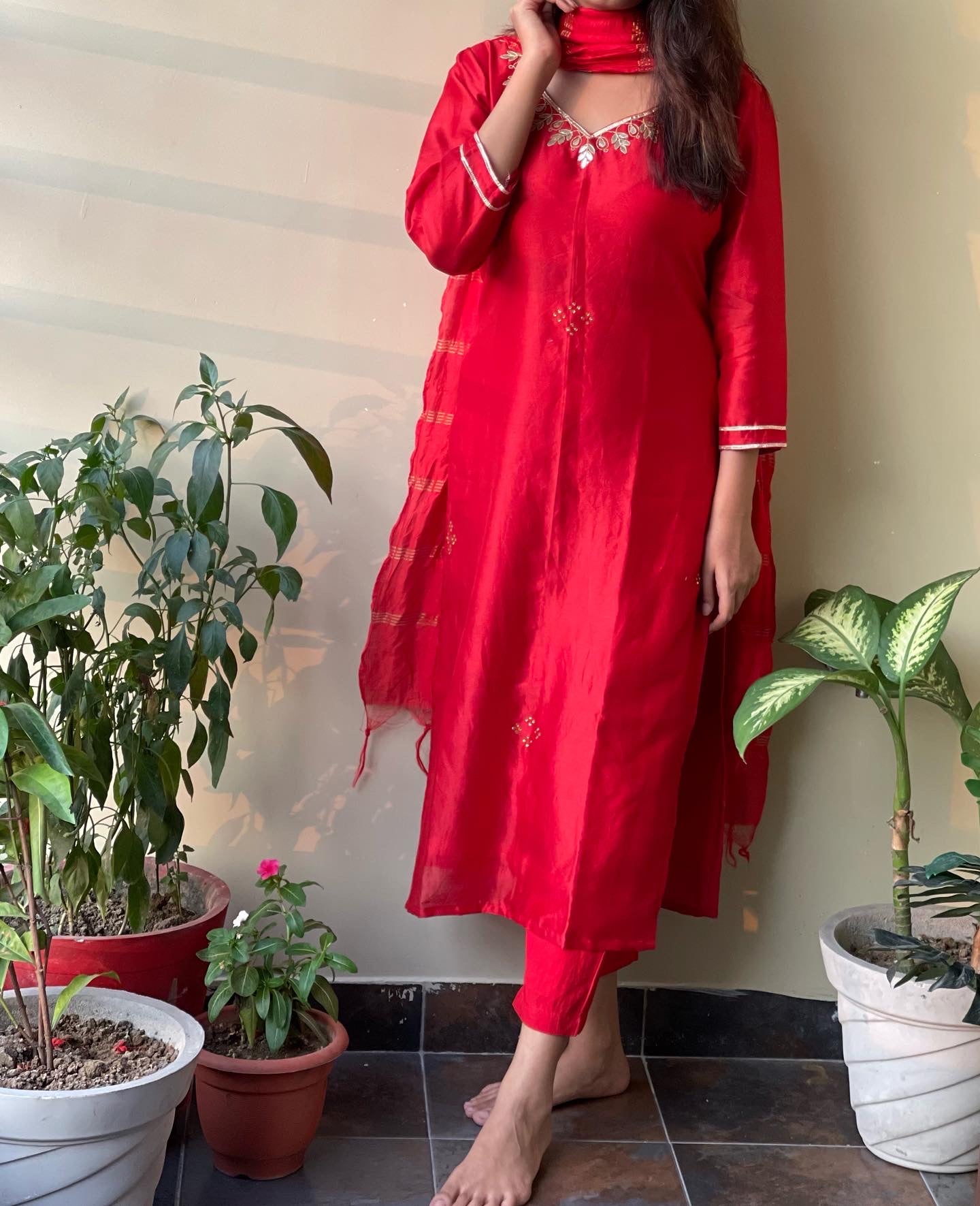 Handcrafted Gota Patti Work Red Pure Chanderi Silk Suit Set