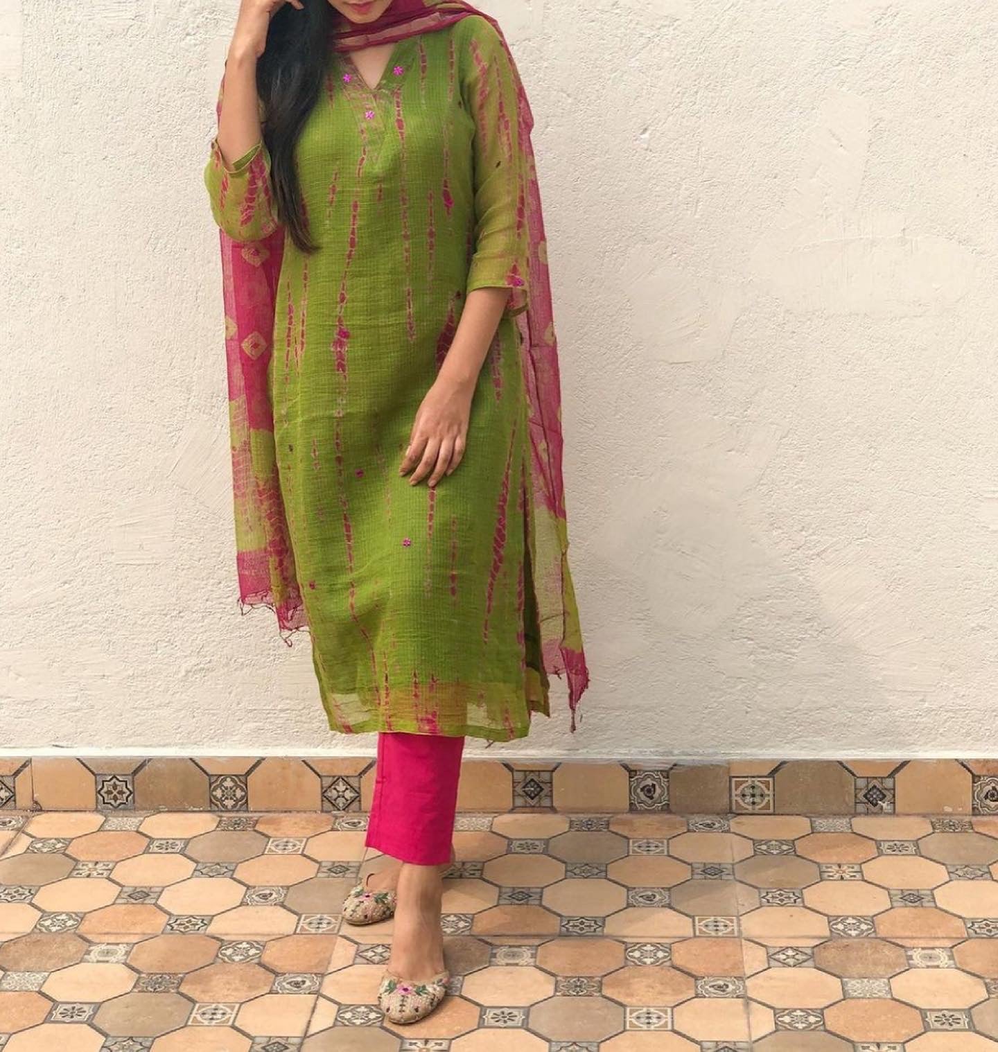 kota dress designs Shibori Green Pink Kota Doria Suit Set