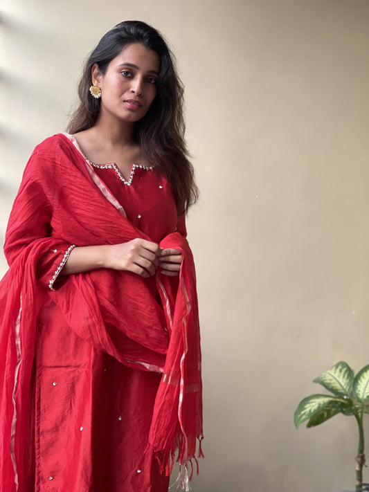 Red cut Dana and Moti work Chanderi silk suit