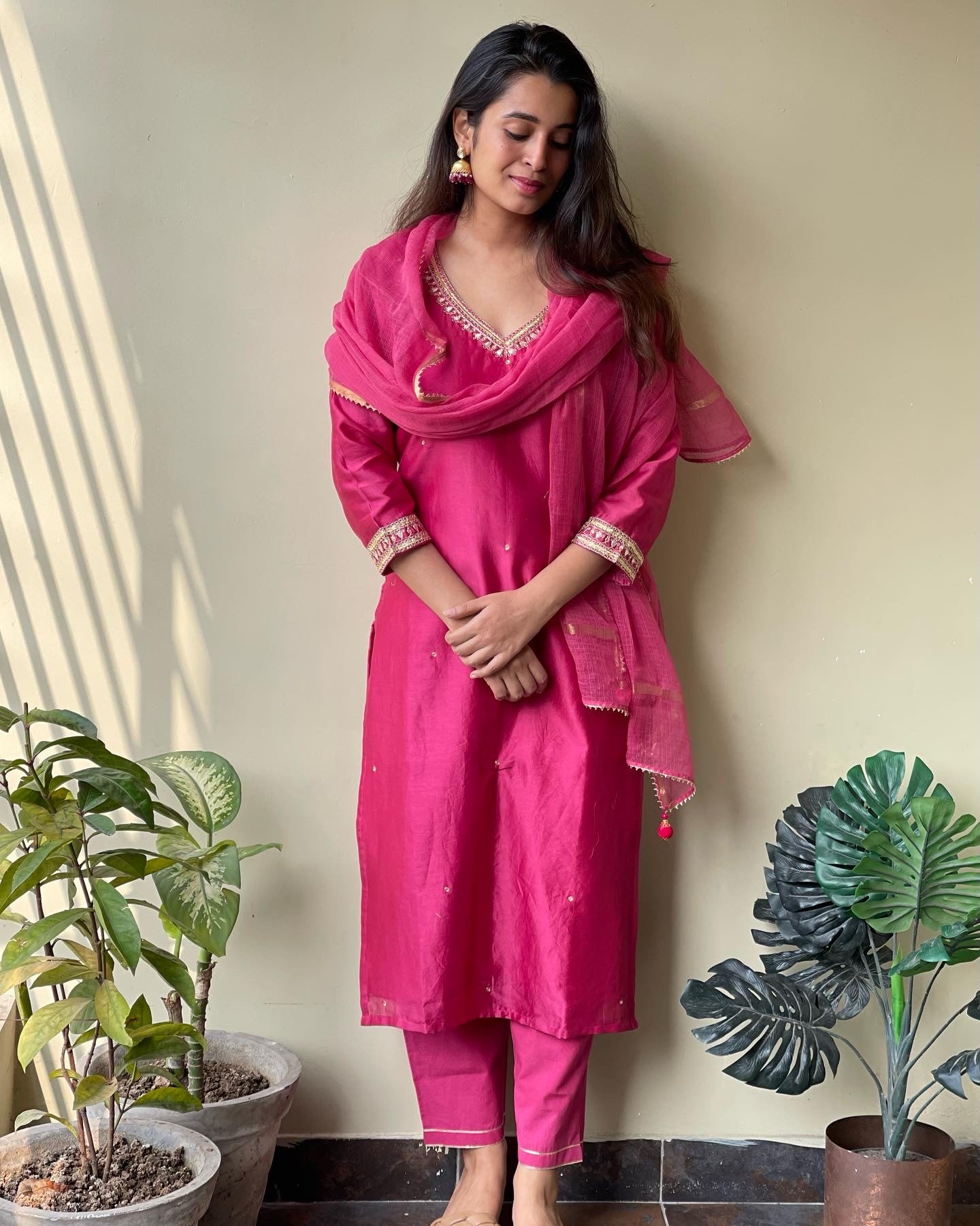 Pink badla handwork Chanderi silk suit With Kota dupatta – Kantha India